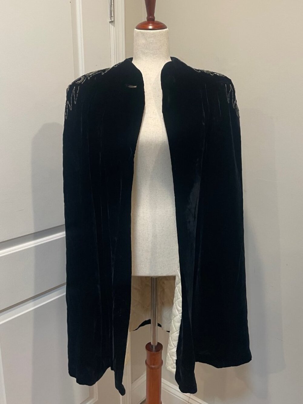 Black Velour Cape with Embroidered Shoulder Detailing